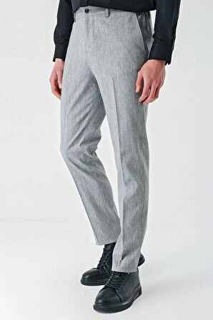 Gri Yan Cepli Beli Lastikli Keten Karışımlı Casual Slim Fit Dar Kesim Pantolon 1003240103