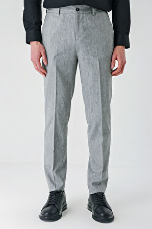 Gri Yan Cepli Beli Lastikli Keten Karışımlı Casual Slim Fit Dar Kesim Pantolon 1003240103