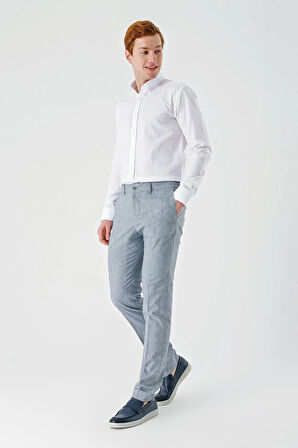 Koyu Mavi Yan Cepli Beli Lastikli Keten Karışımlı Casual Slim Fit Dar Kesim Pantolon 1003240103