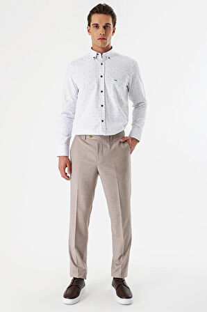 Bej Desenli Likralı Yan Cepli Comfort Fit Rahat Kesim Klasik Pantolon 1003240154