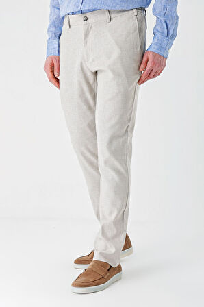 Bej Desenli Keten Karışımlı Yan Cepli Lastikli Comfort Rahat Kesim Casual Pantolon 1003240159
