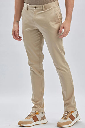 Bej Armürlü Pamuklu Likralı Yan Cepli Slim Fit Dar Kesim Casual Pantolon 1003240161