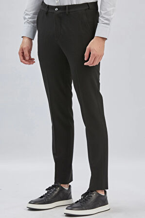 Siyah Düz Gofreli Esnek Yan Cep Slim Fit Casual Pantolon 1003240162