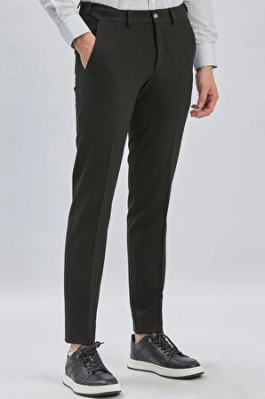 Siyah Düz Gofreli Esnek Yan Cep Slim Fit Casual Pantolon 1003240162