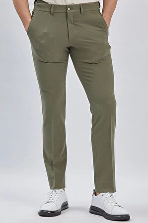 Koyu Haki Düz Gofreli Esnek Yan Cep Slim Fit Casual Pantolon 1003240162