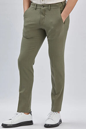 Koyu Haki Düz Gofreli Esnek Yan Cep Slim Fit Casual Pantolon 1003240162