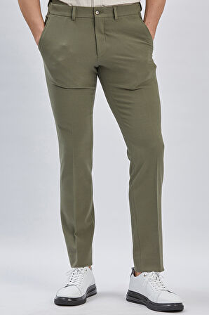 Koyu Haki Düz Gofreli Esnek Yan Cep Slim Fit Casual Pantolon 1003240162