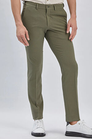 Koyu Haki Düz Gofreli Esnek Yan Cep Slim Fit Casual Pantolon 1003240162