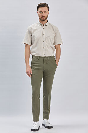 Koyu Haki Düz Gofreli Esnek Yan Cep Slim Fit Casual Pantolon 1003240162