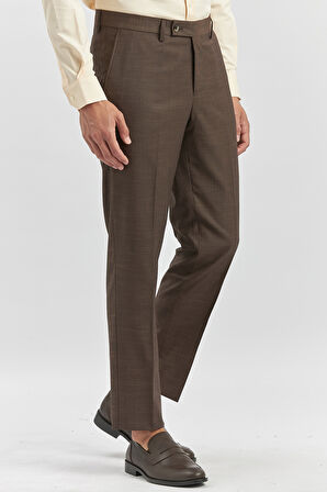 Koyu Kahverengi Kendinden Desenli Bez Ayağı Comfort Fit Classic Pantolon 1003240163