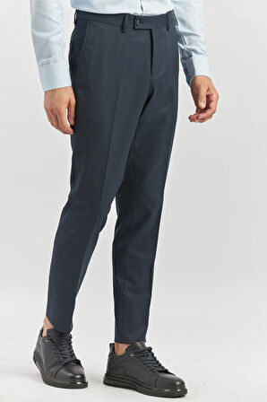 Koyu Lacivert Kendinden Desenli Bez Ayağı Slim Fit Classic Pantolon 1003240165