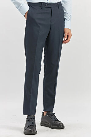 Koyu Lacivert Kendinden Desenli Bez Ayağı Slim Fit Classic Pantolon 1003240165