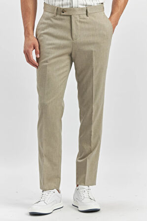 Bej Kendinden Desenli Bez Ayağı Slim Fit Classic Pantolon 1003240165