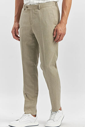 Bej Kendinden Desenli Bez Ayağı Slim Fit Classic Pantolon 1003240165