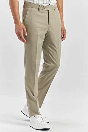 Bej Kendinden Desenli Bez Ayağı Slim Fit Classic Pantolon 1003240165