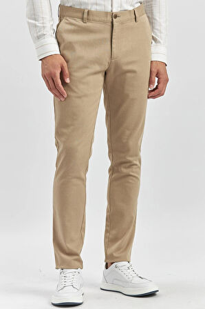 Bej Düz Armürlü Pamuklu Yan Cep Slim Fit Casual Pantolon 1003240168
