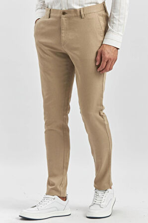 Bej Düz Armürlü Pamuklu Yan Cep Slim Fit Casual Pantolon 1003240168
