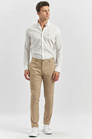 Bej Düz Armürlü Pamuklu Yan Cep Slim Fit Casual Pantolon 1003240168