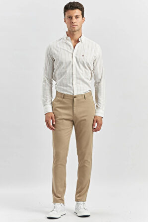 Bej Düz Armürlü Pamuklu Yan Cep Slim Fit Casual Pantolon 1003240168