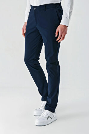Koyu Lacivert Desenli Gofreli Pamuklu Likralı Yan Cepli Slim Fit Dar Kesim Casual Pantolon 1003240206