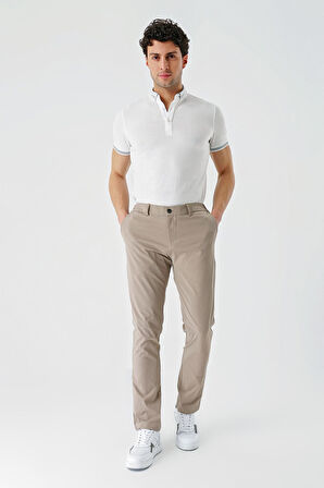 Bej Desenli Gofreli Pamuklu Likralı Yan Cepli Slim Fit Dar Kesim Casual Pantolon 1003240206