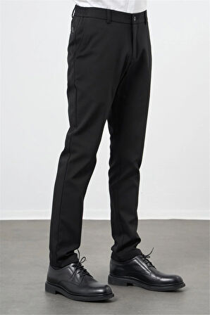 Siyah Düz Bez Ayağı Lastikli Slim Fit Casual Pantolon 1003245101