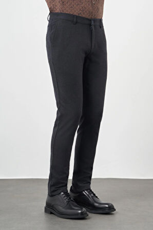 Koyu Lacivert Kendinden Desenli Flannel Esnek Yan Cep Comfort Fit Casual Pantolon 1003245158