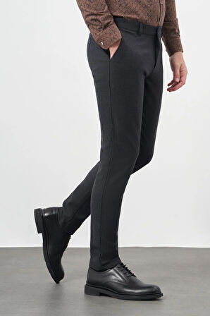 Koyu Lacivert Kendinden Desenli Flannel Esnek Yan Cep Comfort Fit Casual Pantolon 1003245158