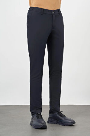 Koyu Lacivert Düz Bez Ayağı Esnek Yan Cep Slim Fit Casual Pantolon 1003245159