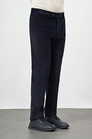 Koyu Lacivert Fitilli Desen Kadife Pamuklu Yan Cep Comfort Fit Classic Pantolon 1003245160