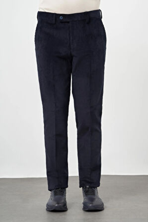 Koyu Lacivert Fitilli Desen Kadife Pamuklu Yan Cep Comfort Fit Classic Pantolon 1003245160
