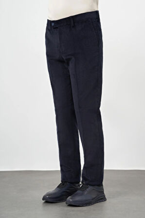 Koyu Lacivert Fitilli Desen Kadife Pamuklu Yan Cep Comfort Fit Classic Pantolon 1003245160