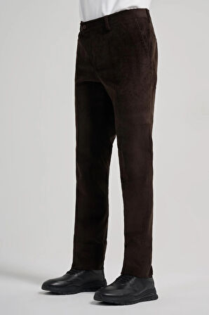 Koyu Kahverengi Pamuklu Yandan Cepli Comfort Fit Kadife Pantolon 1003245160