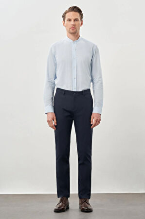 Koyu Lacivert Kendinden Desenli Bez Ayağı Pamuklu Yan Cep Slim Fit Casual Pantolon 1003245168