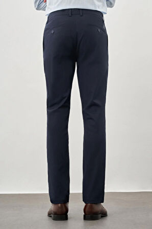Koyu Lacivert Kendinden Desenli Bez Ayağı Pamuklu Yan Cep Slim Fit Casual Pantolon 1003245168