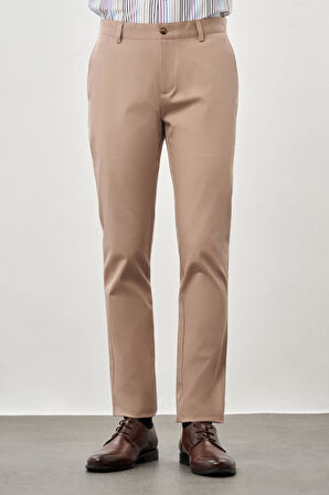 Koyu Bej Kendinden Desenli Bez Ayağı Pamuklu Yan Cep Slim Fit Casual Pantolon 1003245168