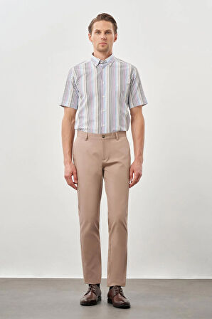 Koyu Bej Kendinden Desenli Bez Ayağı Pamuklu Yan Cep Slim Fit Casual Pantolon 1003245168