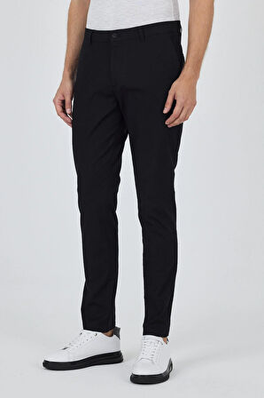 Siyah Armürlü Yan Cep Düz Paça Slim Fit Pamuklu Casual Chino Pantolon 1003250120