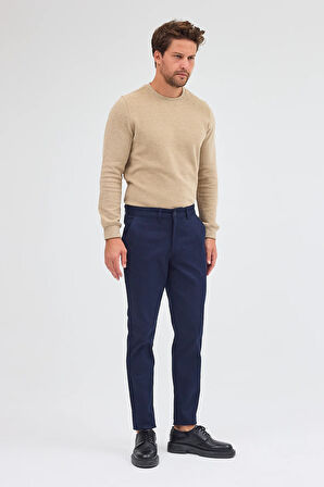Koyu Lacivert Yan Cep Düz Paça Pamuklu Slim Fit Chino Casual Pantolon 1003255155