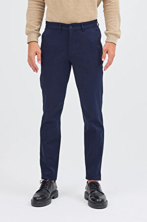 Koyu Lacivert Yan Cep Düz Paça Pamuklu Slim Fit Chino Casual Pantolon 1003255155