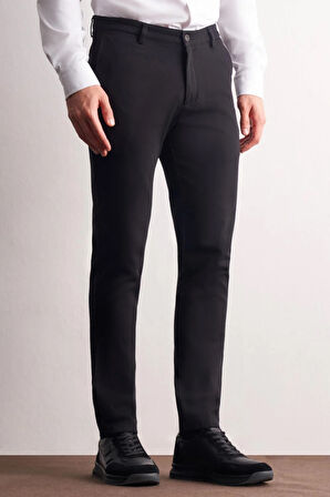 Siyah Yan Cep Düz Paça Pamuklu Slim Fit Chino Casual Pantolon 1003255161