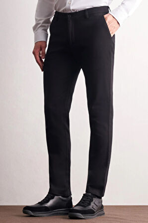 Siyah Yan Cep Düz Paça Pamuklu Slim Fit Chino Casual Pantolon 1003255161