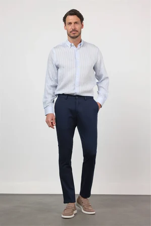 Koyu Lacivert Yan Cep Düz Paça Armürlü Slim Fit Pamuklu Chino Pantolon 1003260161