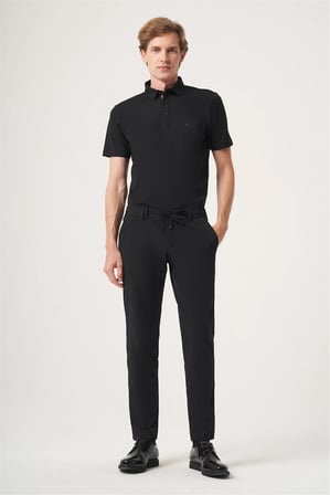 Siyah Yan Cep Düz Paça Örme Lastikli Slim Fit Jogger Pantolon 1003260164