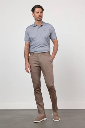 Koyu Bej Yan Cep Düz Paça Armürlü Slim Fit Pamuklu Chino Pantolon 1003260165