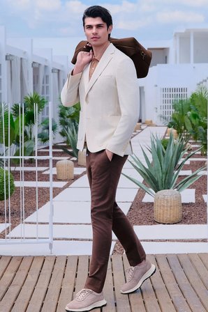 Kahverengi Yan Cep Keten Slim Fit Keten Karışımlı Jogger Pantolon 1003260169
