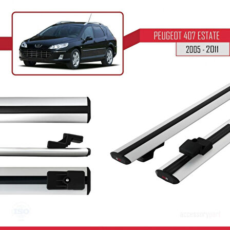Peugeot 407 SW 2005-2011 Arası ile Uyumlu BASIC Model Ara Atkı Tavan Barı Gri 2 Adet
