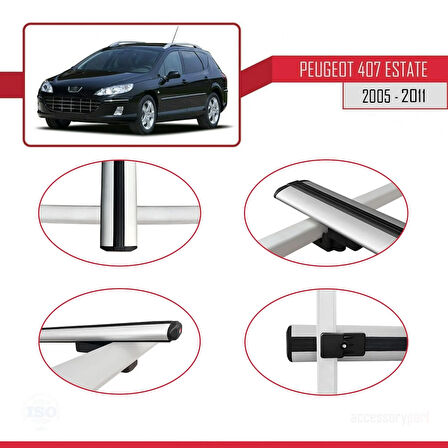 Peugeot 407 SW 2005-2011 Arası ile Uyumlu BASIC Model Ara Atkı Tavan Barı Gri 2 Adet