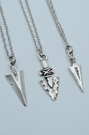 3'lü Antik Ok Ucu Triagle Desenli Ok Ucu Gümüş Kaplama Kolye Seti