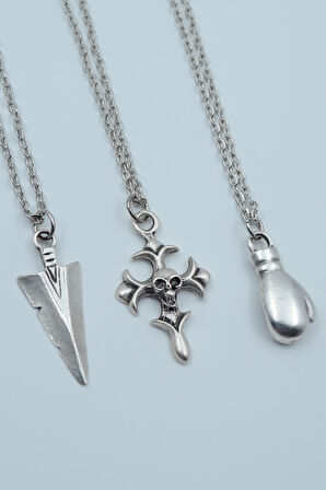 3'lü Triagle Ok Ucu  Kuru Kafa Haç Boks Eldiveni Gümüş Kaplama Kolye Seti